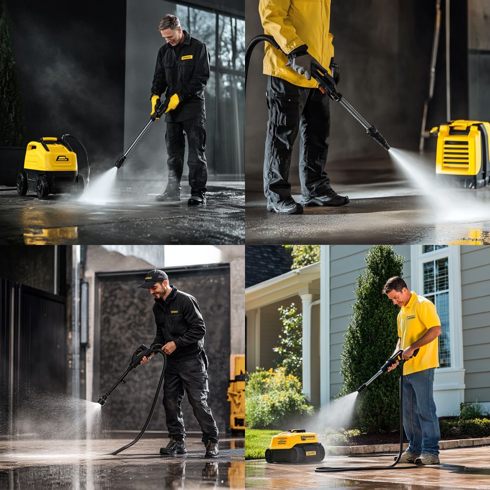 MidJourney results of asking for images of "The world's most powerful pressure washer".  Each picture shows a man using a very normal sized pressure washer, despite the request for "the world's most powerful".