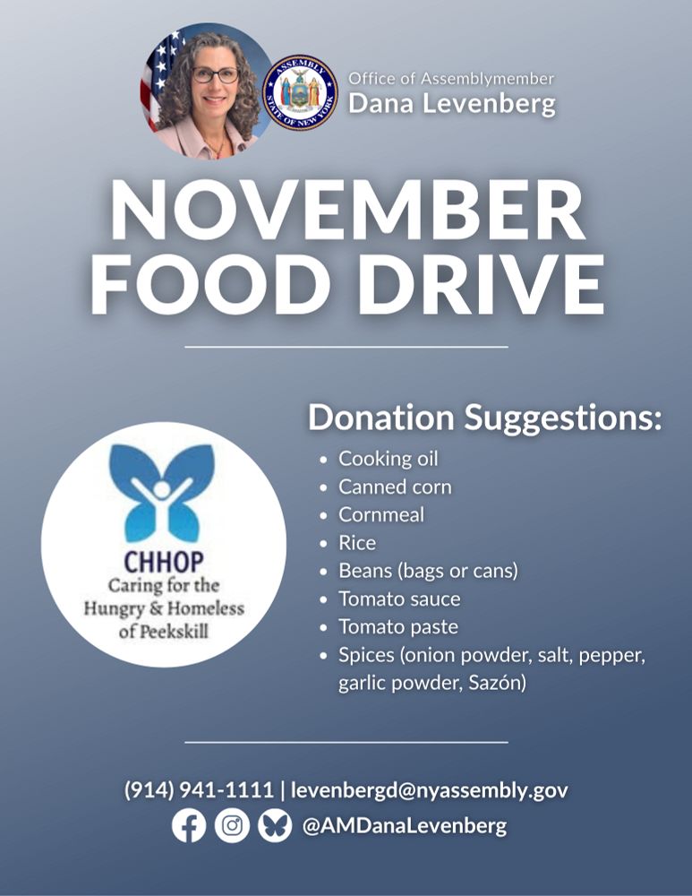 November Food Drive, CHHOP. Donation suggestions: Cooking oil
Canned corn
Cornmeal
Rice
Beans (bags or cans)
Tomato sauce
Tomato paste
Spices (onion powder, salt, pepper, garlic powder, Sazón)