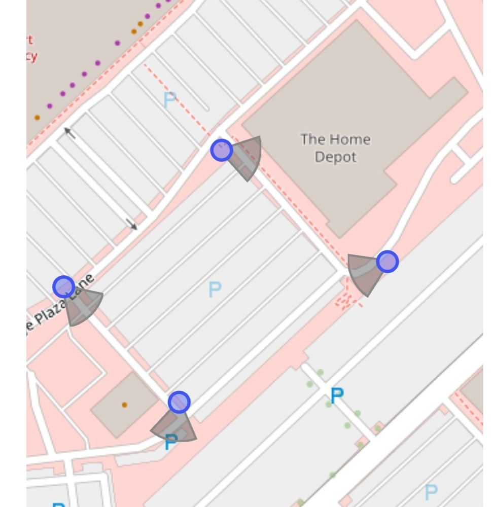 A map showing four flock cameras surrounding the parking lot of a Home Depot.