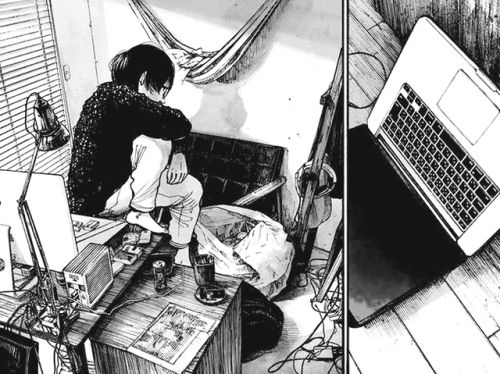 Cena do mangá Reiraku (Downfall) de Asano Inio. Da direita para a esquerda, são dois quadros. No primeiro um notebook está derrubado no  chão. Na segunda um homem de cabelos preto, calça de moletom e suéter se encolhe no canto do sofá de dois lugares na frente de uma mesa de trabalho como desenhista. 
