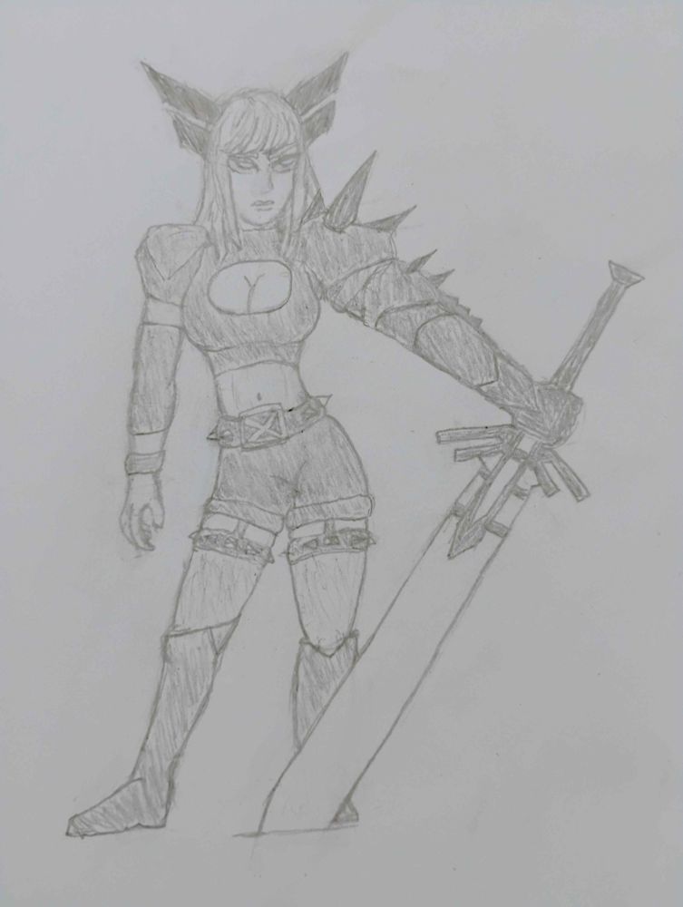 My fanart sketch of the Marvel Comics character Magik! Best known for her appearances among the X-Men, here the mutant magician stands with her Soulsword stabbed into the ground 