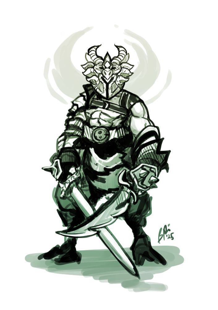 dark warrior with a dragon helm and two swords