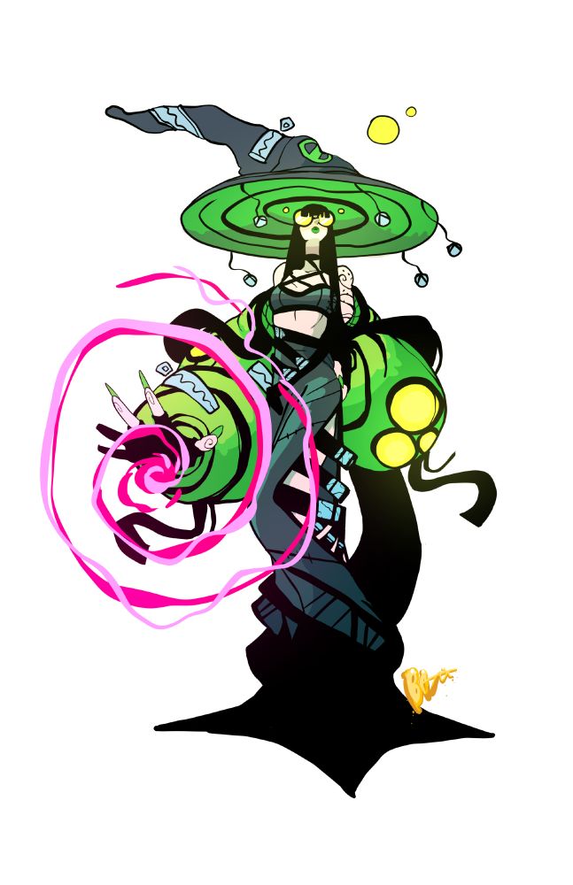 A witch dressed in green in a pointed hat and shibuya punk fashion, casting pink magical energies.