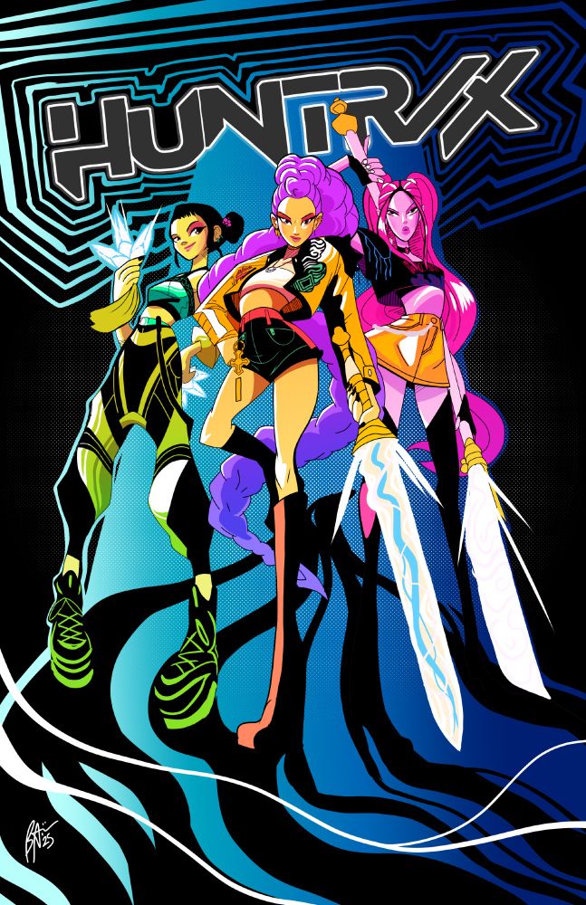 HUNTRIX from KPOP Demon Hunters.

From L to R, Zoey, holding her knives, Rumi with her Sword and Mira with her Polearm, posing in front of the Huntrix logo and a blue patterned background