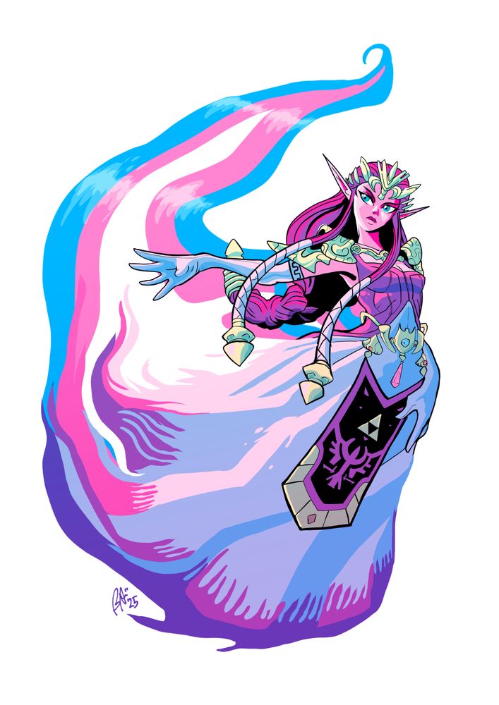 Princess Zelda, trans pride color scheme, trailing a trans pride flag