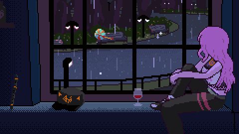 Pixel art of Mori Calliope looking out of her window on a rainy night.
