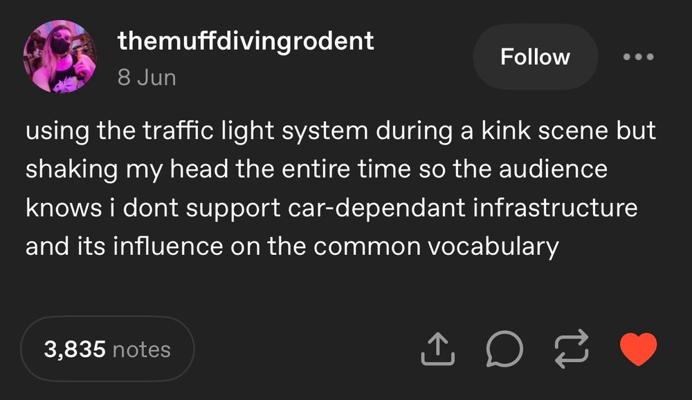 A screenshot from Tumblr, showing a text post by a user called “the muff diving rodent,” which reads: “ using the traffic light system during a kink scene, but shaking my head the entire time so the audience knows I don’t support car-dependent infrastructure and its influence on the common vocabulary.”