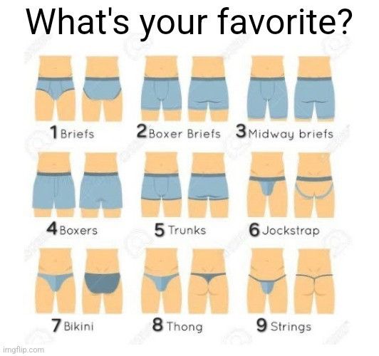 An illustration showing nine different styles of men's underwear. Top of the graphic asks "What's your favorite?" The styles are 1. Briefs, 2. Boxer Briefs, 3. Midway Briefs, 4. Boxers, 5. Trunks, 6. Jockstrap, 7. Bikini Briefs, 8. Thong, 9. String Bikini