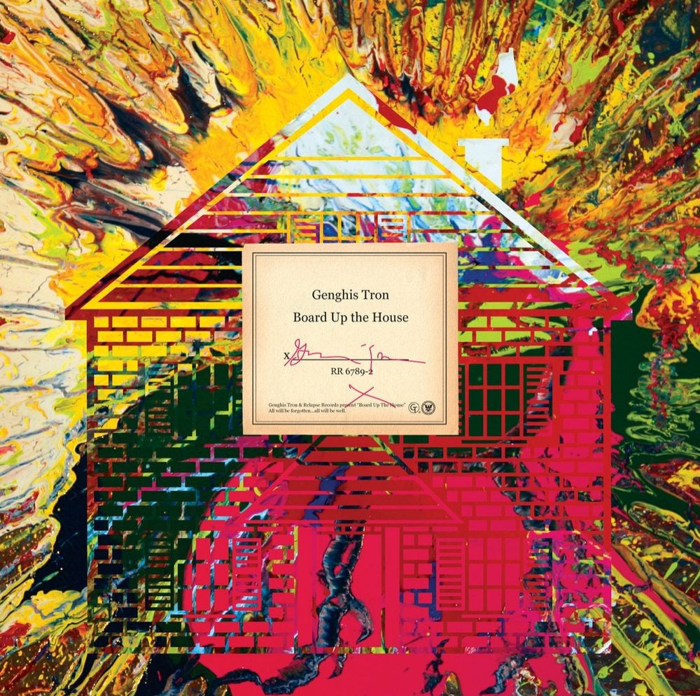 Genghis Tron's Board Up The House album cover, representing a painting explosion with a superimposed brick house