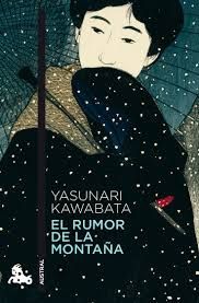 Un dibujo de una mujer japonesa con ropa negra, cubriéndose la boca con la mano izquierda cubierta por su manga y sosteniendo un parasol azul. Es la portada del libro "el rumor de la montaña" de yasunari kawabata en editorial astra. 