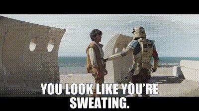 GIF of the scene from season one of Star Wars: Andor where Cassian is arrested on Niamos by a shore trooper. Text at the bottom of the GIF says “You look like you’re sweating.”