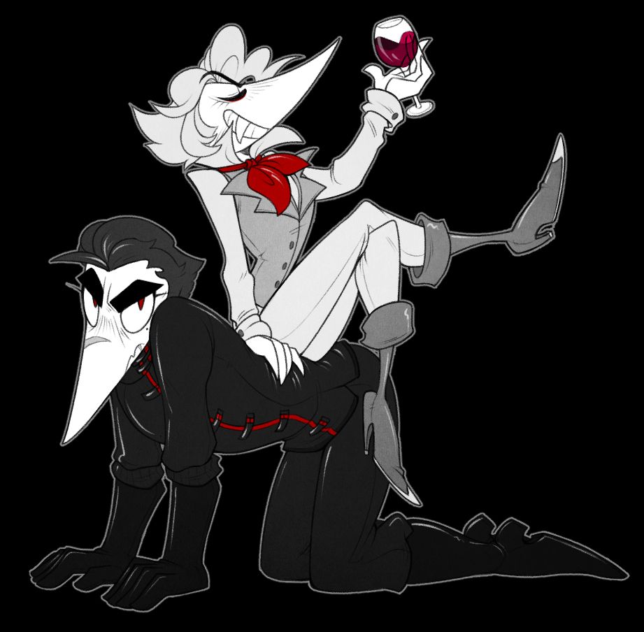 Two characters (one belonging to me, the other to my girlfriend) depicted in the style of Spy vs Spy. One of them is sitting on the other with wine because he's a vain little goblin and these two have a "let me one up the other" dynamic.