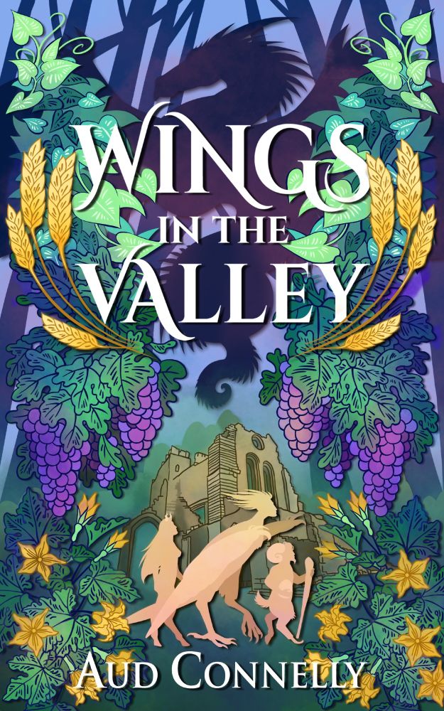 Wings in the Valley by Aud Connelly
Cover by Arden Powell

Wings in the Valley in bold script framed by golden wheat.
Silhouettes of a harpy and two fauns against towering ancient ruins framed by vines, grapes, and ivy. The shadow of a dragon looms over everything, including the plot.
