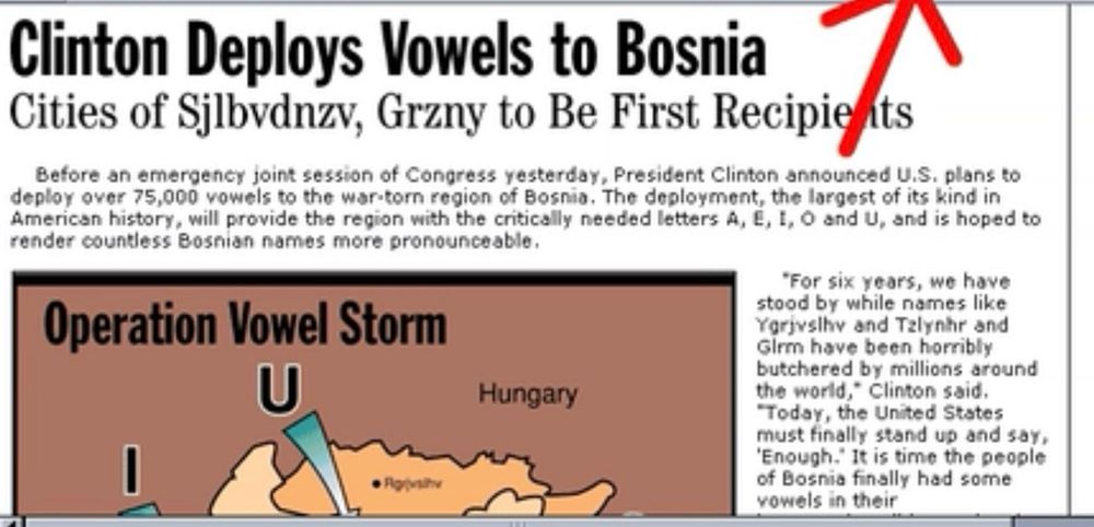 Onion headline: Clinton Deploys Vowels to Bosnia