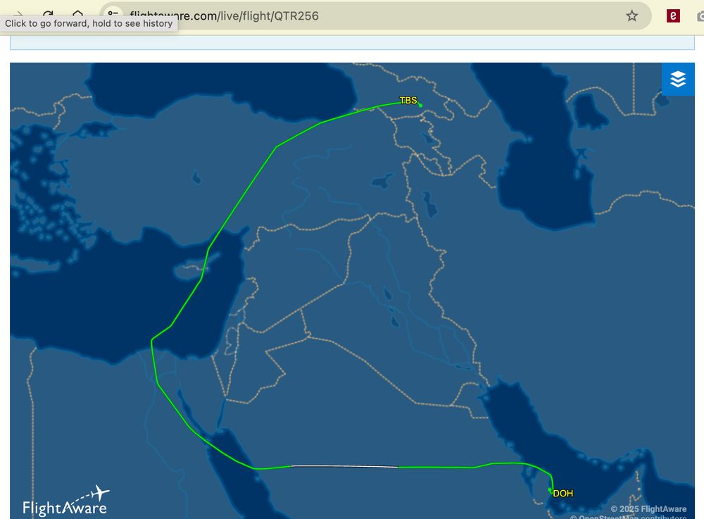 Map from FlightAware showing a flight from Doha to Tbilisi, which would have traveled over western Iran, instead making a C shape over Saudi Arabia, Egyps, and Turkey.
