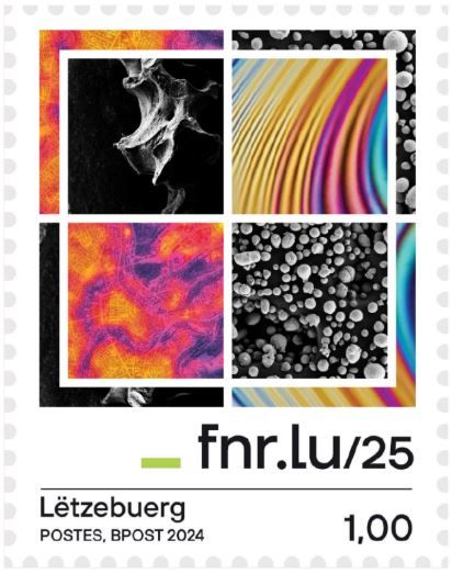 The featured images include: 

Top Left: A piece of bone | Photo: Felix Kleine Borgmann, Luxembourg Institute of Health (LIH) 
Top Right: Imperfections in liquid crystals | Photo: Anjali Sharma, University of Luxembourg 
Bottom Left: Hot spots in Luxembourg-City | Photo: Karolina Zięba-Kulawik, LISER 
Bottom Right: Powder used for 3D-printing of ceramics | Photo: Anaïs Carpentier, LNS 

ℹ️ Learn more about the stamp: https://www.fnr.lu/celebrating-25-years-of-impact-fnr-commemorates-milestone-with-special-stamp-selease/
🛒Buy the stamp: https://www.postphilately.lu/en-US/products/collectionneurs/timbres-de-collection/25-ans-fonds-national-de-la-recherche