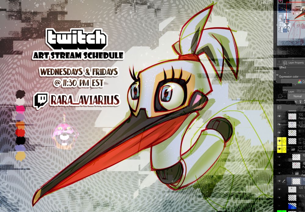 A screenshot of Clip Studio Paint, and within it, a depiction of a Dalmatian pelican animatronic in the style of FNAF, or Five Nights at Freddy's. It's a work-in-progress and very sketchy, and many various glitchy effects decorate and frame it. The text reads (from top to bottom): "twitch," "ART STREAM SCHEDULE," "WEDNESDAYS & FRIDAYS @ 11:30 PM EST," and "RARA_AVIARIUS" (with the Twitch logo to the side). Mr. Cupcake in the form of the Smiling Buck Tooth Emoji meme is also present.