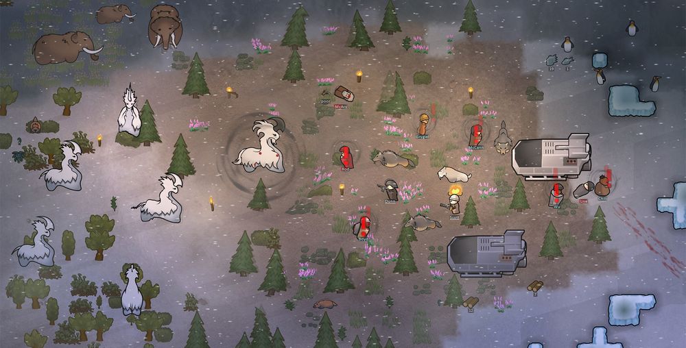 A screenshot sourced from RimWorld's Steam page as part of the Odyssey DLC release. A herd of thrumbos are crossing a wintery map, and an alpha thrumbo is using its terror roar on a group of pawns.