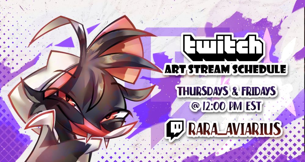An infographic with Rara Avis, her hand to her chin with a sly expression. On the side, it reads (from top to bottom): "twitch," "ART STREAM SCHEDULE," "THURSDAYS & FRIDAYS @ 12:00 PM EST," and "RARA_AVIARIUS" (with the Twitch logo to the side). The background is composed of various paper textures and purple splatters and a halftone gradient.