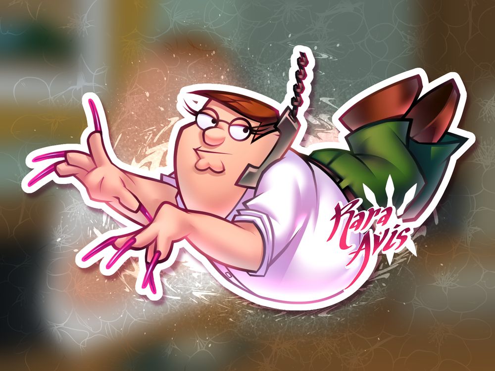 A drawing of Peter Griffin from Family Guy with eyelashes, long, pink acrylic nails, and a gray corded telephone, a reference to a cutaway gag from "The Man with Two Brians" (7th season, 5th episode). He's swinging from the cord—designed as such for a keychain hole. The background is a blurred screenshot from the cutaway gag. The watermark on the illustration says "Rara Avis."