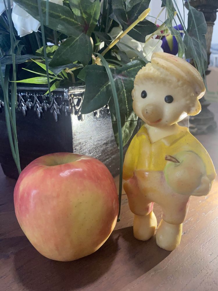 A photo of a Russian children's toy posed next to an apple and in front of a plant. The toy is a squeaky toy, and it depicts a lamblike child with a hat, pants, loose collared shirt, and apple. The paint on the hat, pants, and apple is coming off, making the toy look mostly beige.