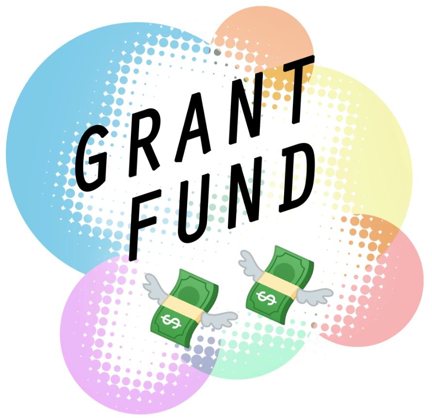 The Be Queer Make Stuff logo, a series of pastel colored circles, with "Grant fund" written on top. Below it are two flying money emojis. 