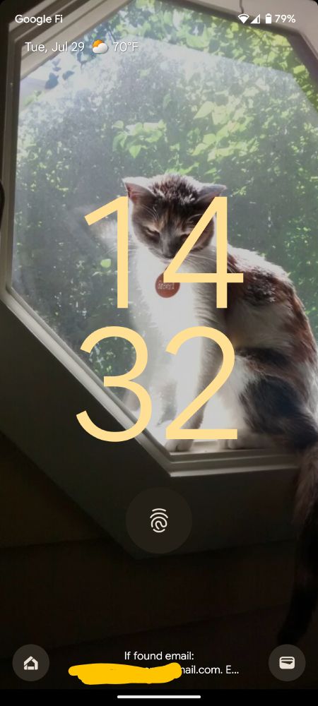 Lock screen of a phone. The background is a dilute calico cat sitting in a hexagonal window. Giant time numbers sit in the middle of the screen in 24 hour clock format. 