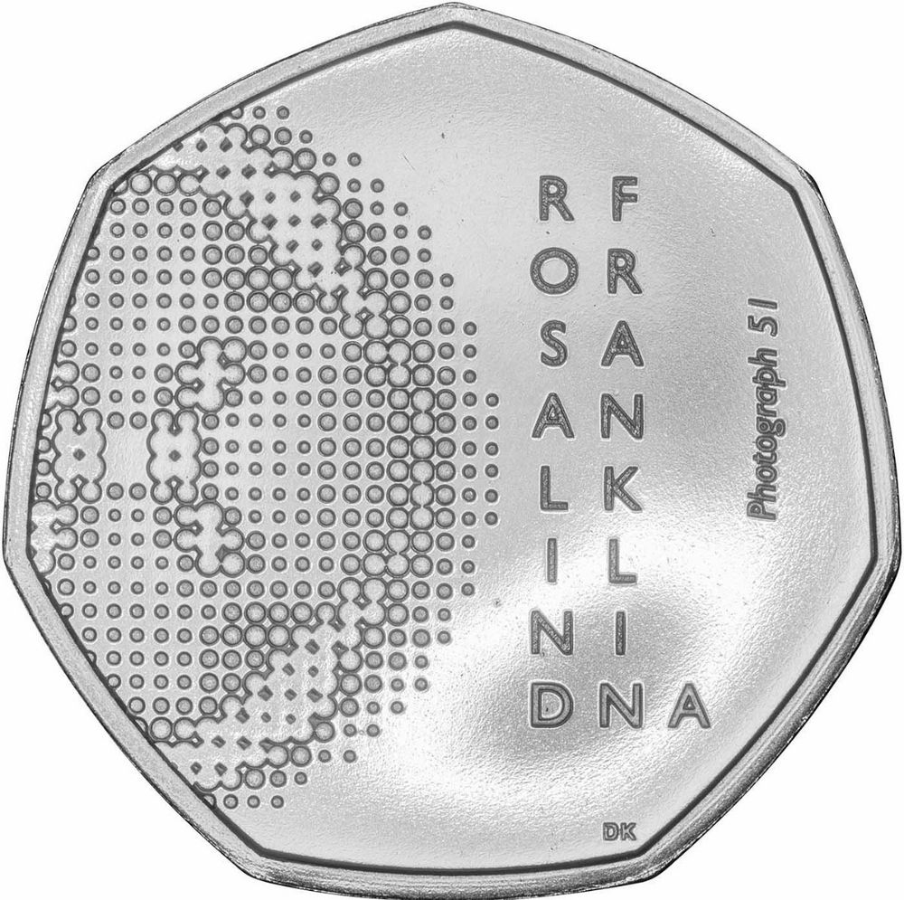 A British 50 pence coin in commemoration of Rosalind Franklin showing the iconic photograph 51, which was instrumental in the deduction of the structure of DNA