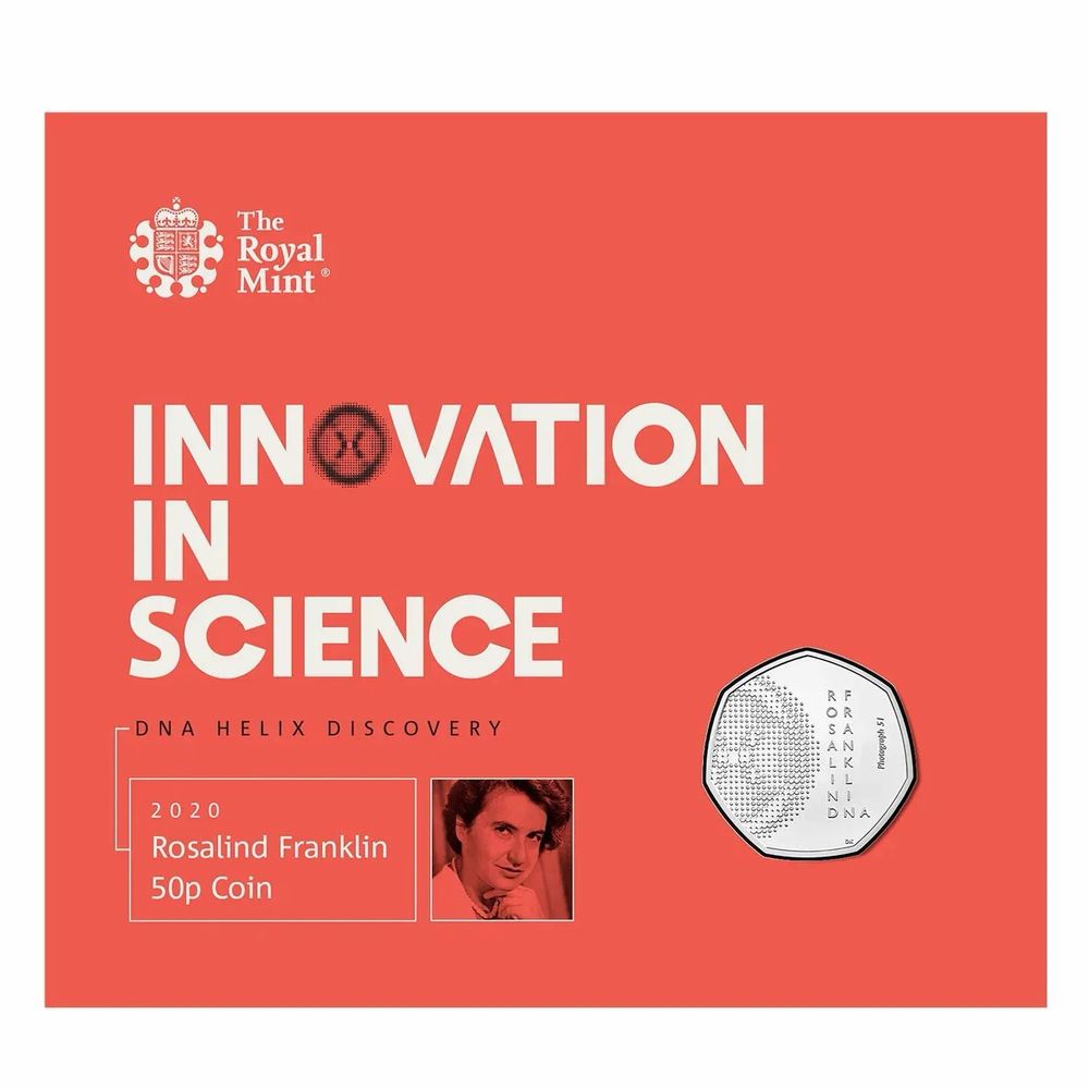 The royal mint Rosalind Franklin 50 pence pack with the coin, and the series name Innovation in Science on the cover.
