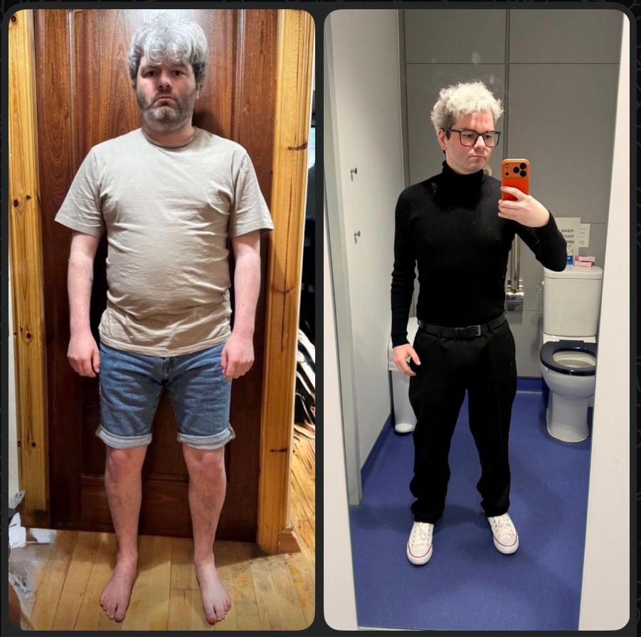 A before and after photo of weight loss 