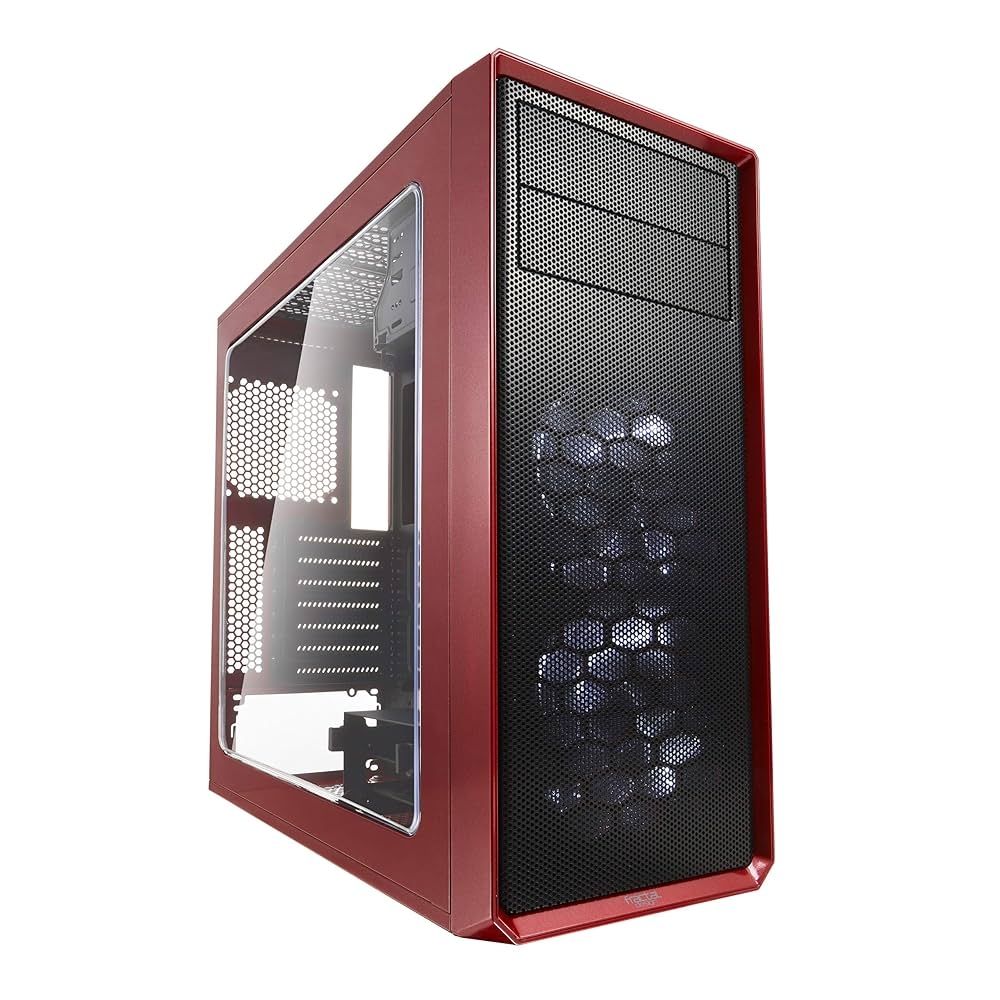 A Fractal Design Focus G PC box with a red shell and a black front with 2 backlit fans and 2 optical drives slots, a window on the side and USB ports on top (not visible on the image)