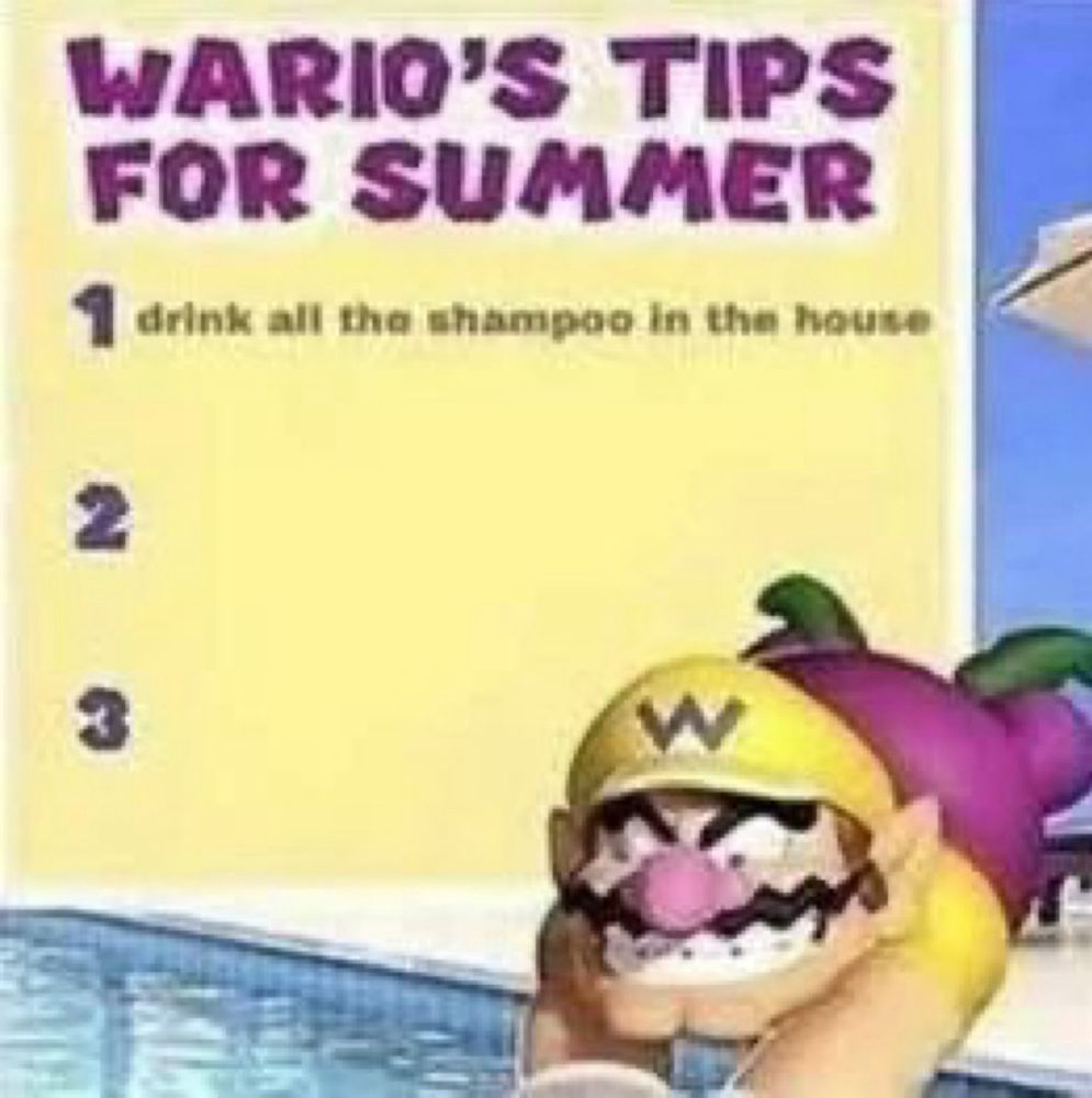 WARIO'S TIPS FOR SUMMER
1 drink all the shampoo in the house
2
3