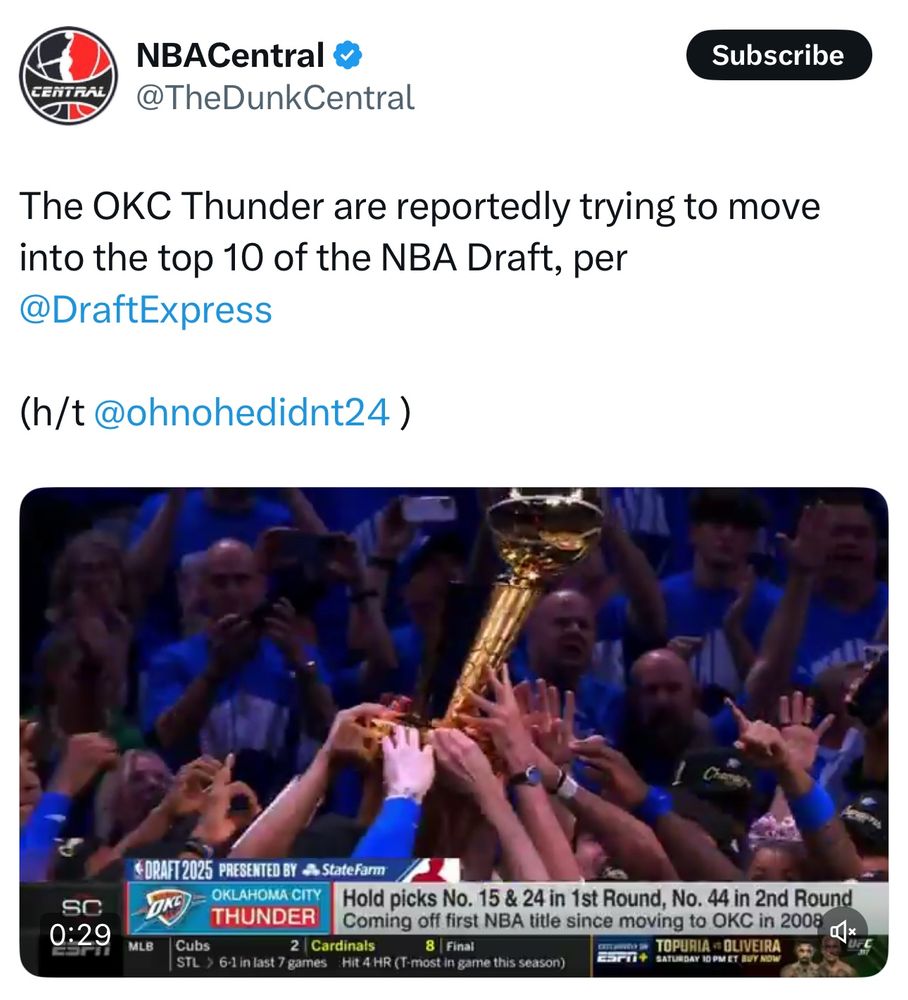 @TheDunkCentral
The OKC Thunder are reportedly trying to move into the top 10 of the NBA Draft, per @DraftExpress
(h/t@ohnohedidnt24)