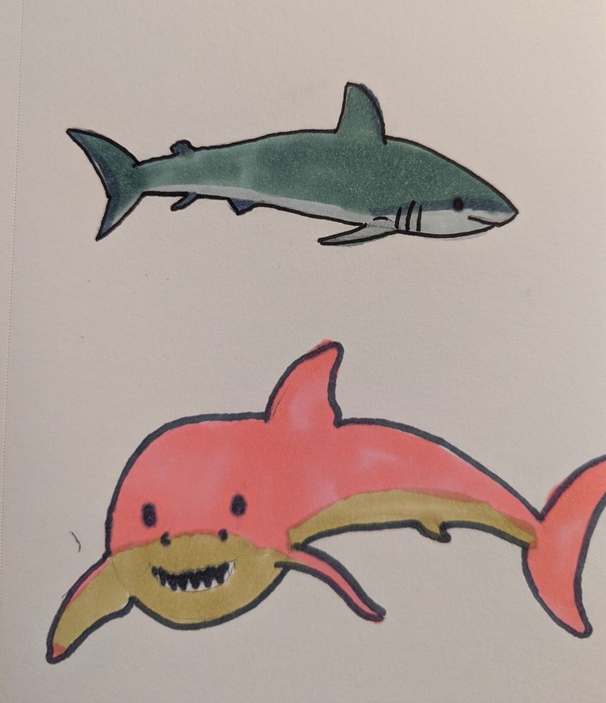 A drawing of two sharks, one colored in deep blues and the other in pink and tan