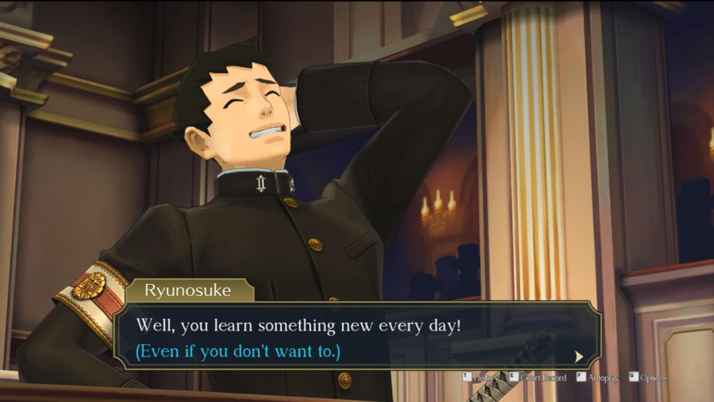 A screenshot from The Great Ace Attorney Chronicles. A young man in a black school uniform is standing in a courtroom and looking off to the right. He has his hand behind his head and is looking embarrassed. The textbox below him reads: Well, you learn something new every day! (Even if you don't want to.)