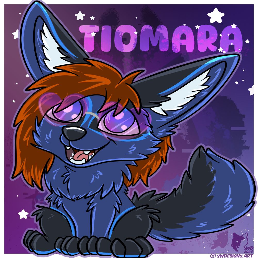 A cute blue and black cybernetic fennec named Mara! they are sitting and smiling bright. 