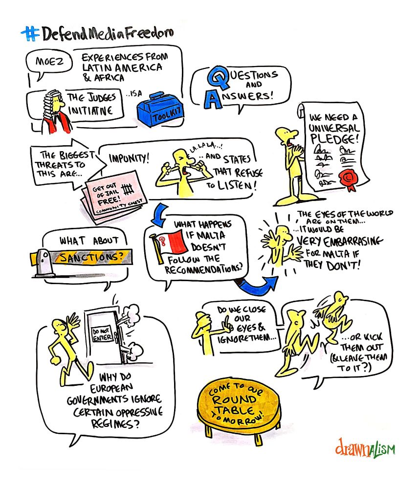 Drawnalism graphic recording  from #DefendMediaFreedom with HMG Foreign and Commonwealth Office.  A colorful drawing depicting the launch of the Joint Declaration on Freedom of Expression. Themes include the challenges for media freedom, the online environment, and physical safety for journalists.