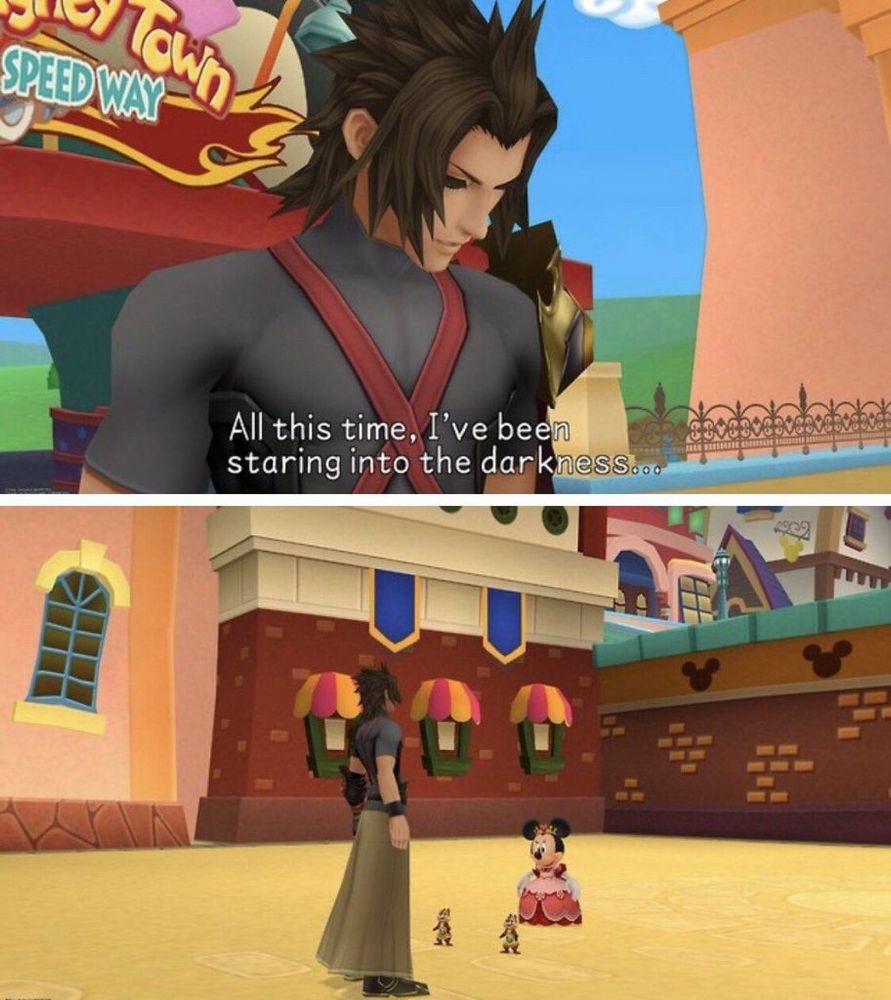 Douchey edgy guy broods in front of Chip and Dale and Minnie in Disney Town which has that really annoying but catchy theme you can’t get out of your head.