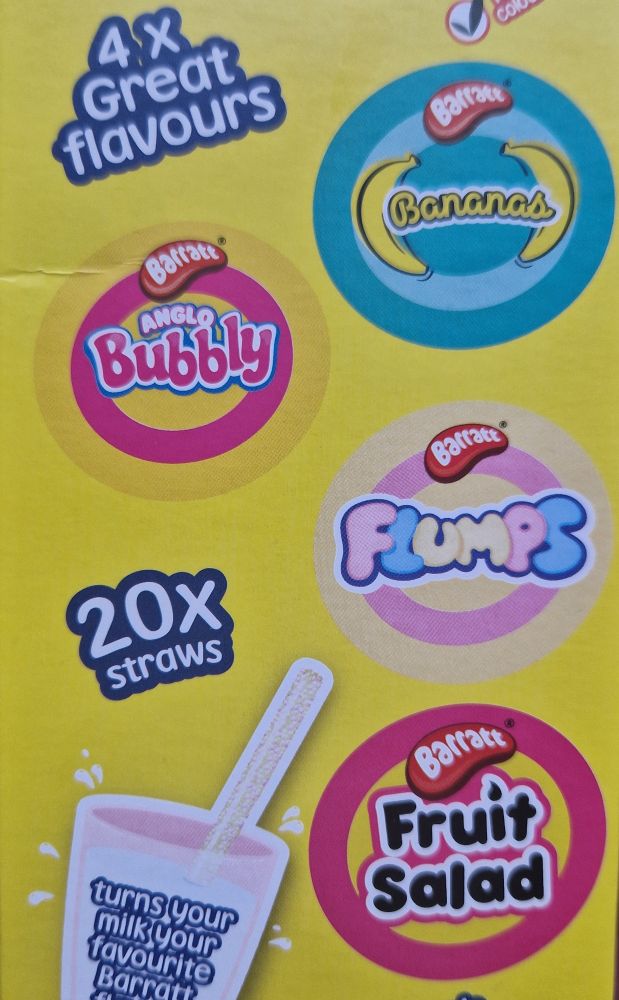 A photo of the side of a packet of milkshake straws. The names of the flavours are "Anglo Bubbly", "Bananas", "Fruit Salad", and "Flumps".
