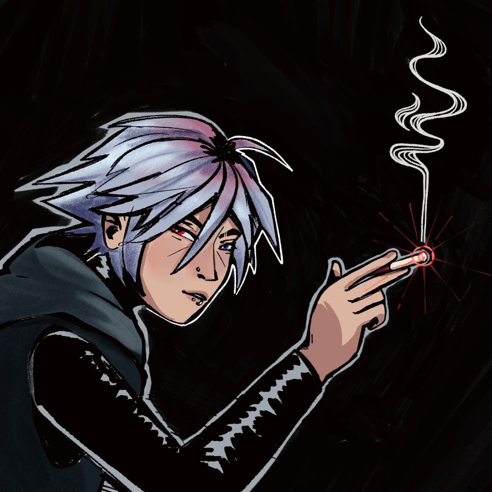 yozora (kh) holding a smoking, lit cigarette in his right hand, looking at the viewer