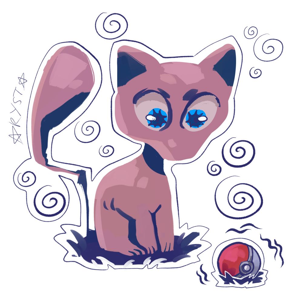 drawing of mew (pokemon) sitting like a housecat in the grass, with psychic swirls around it. it is staring at a pokeball Very intently