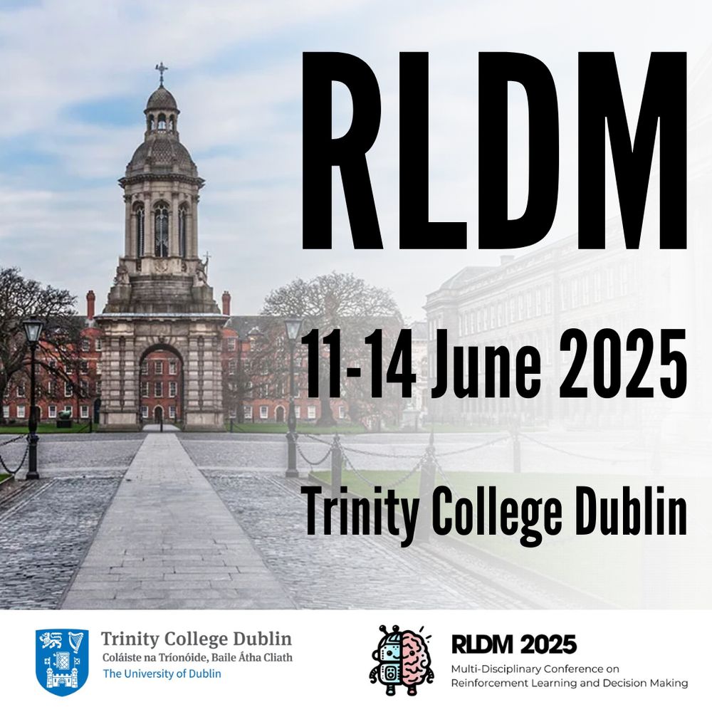Picture of Trinity College Dublin's campanile in the front square of the college. Writing overlayed to indicate that the RLDM conference will take place from the 11th to the 14th of June, 2025. Logos for Trinity College and the RLDM conference at the bottom of the image. 