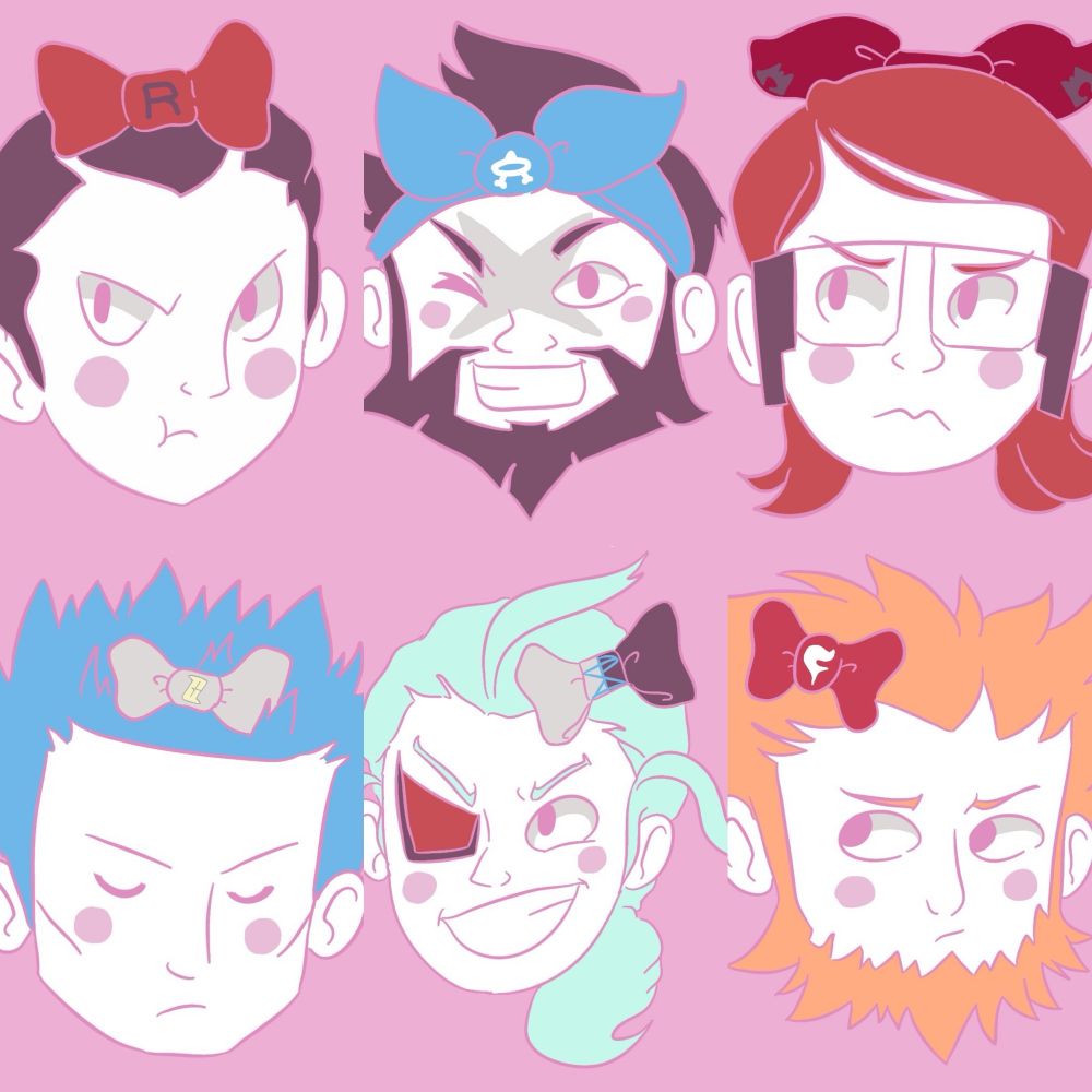 My older doodles of pokémon boss villains wearing big, silly bows 