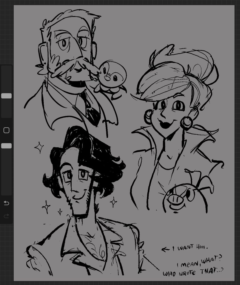 Screenshot of a gray digital canvas with black cartoony portrait doodles of Pokémon Professor Rowan, Professor Juniper, and Professor Sycamore