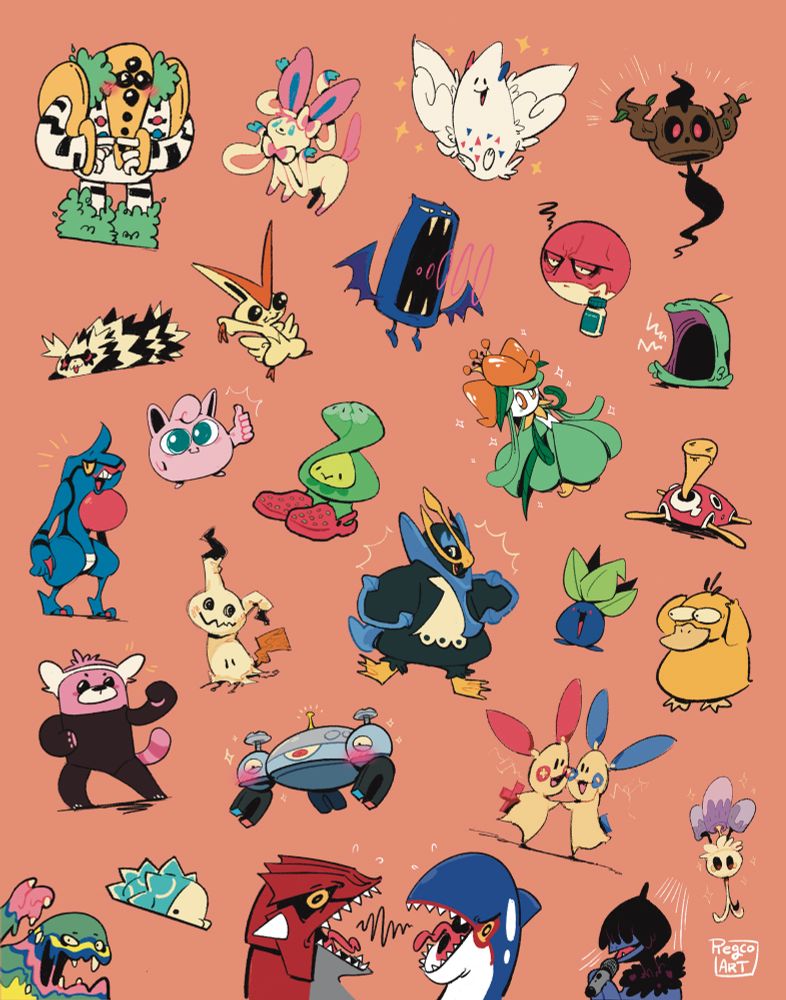 Digital art collage featuring many of my recent pokémon doodles 