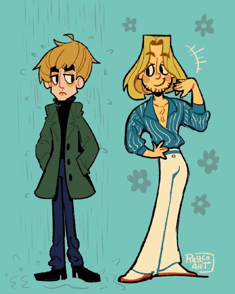 Cartoony illustrations of the characters Arthur (England) and Francis (France) from the anime/manga Hetalia standing side by side looking at each other 