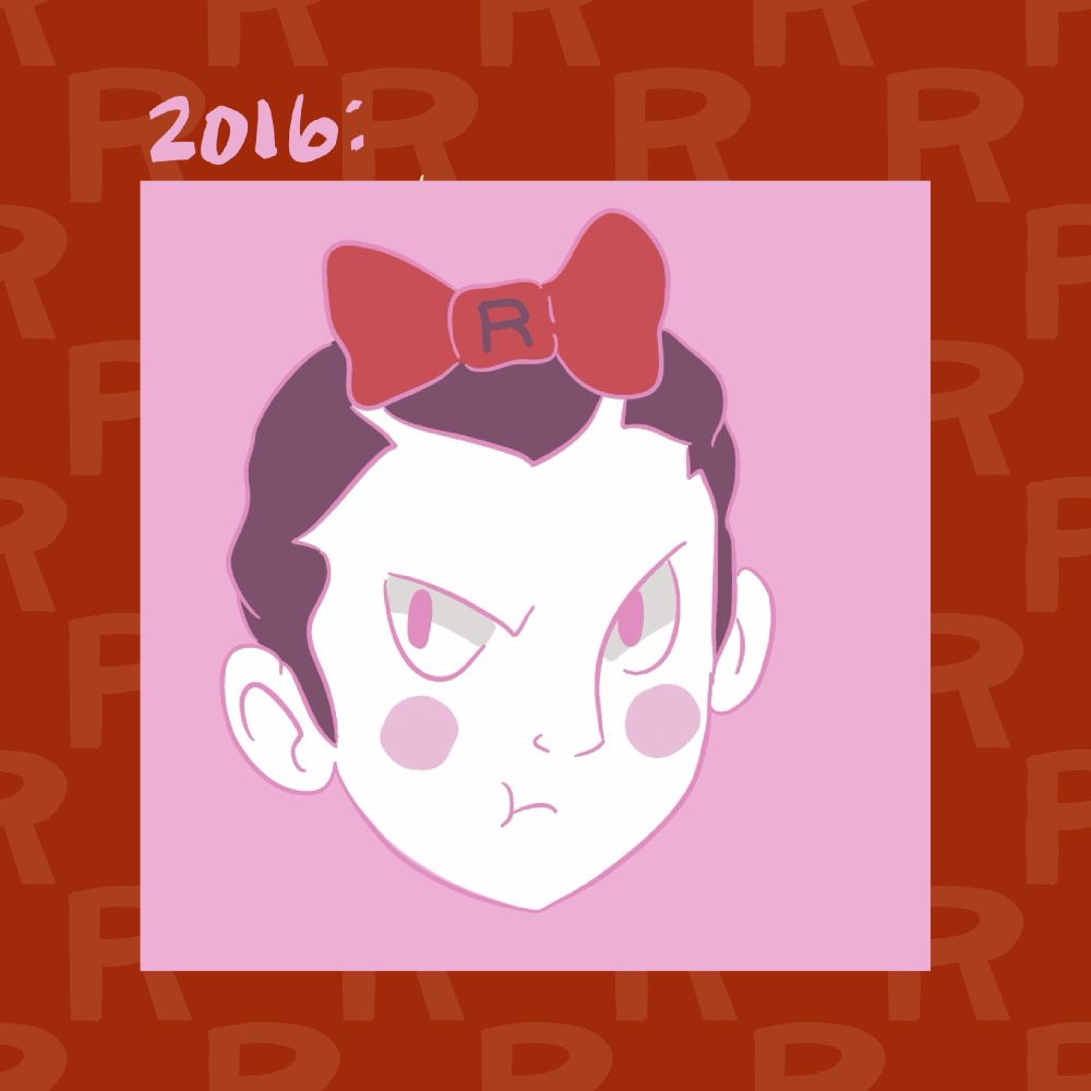 Image of my older illustration of Giovanni wearing a Team Rocket bow on his head and pouting in front of a pink background 