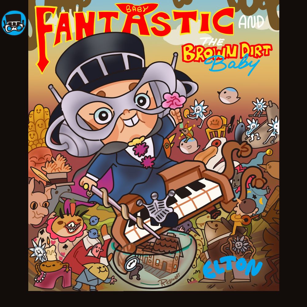 Cartoony redraw of Elton John’s album cover art from “Captain Fantastic and the Brown Dirt Cowboy” featuring a multitude of little silly creatures and characters.