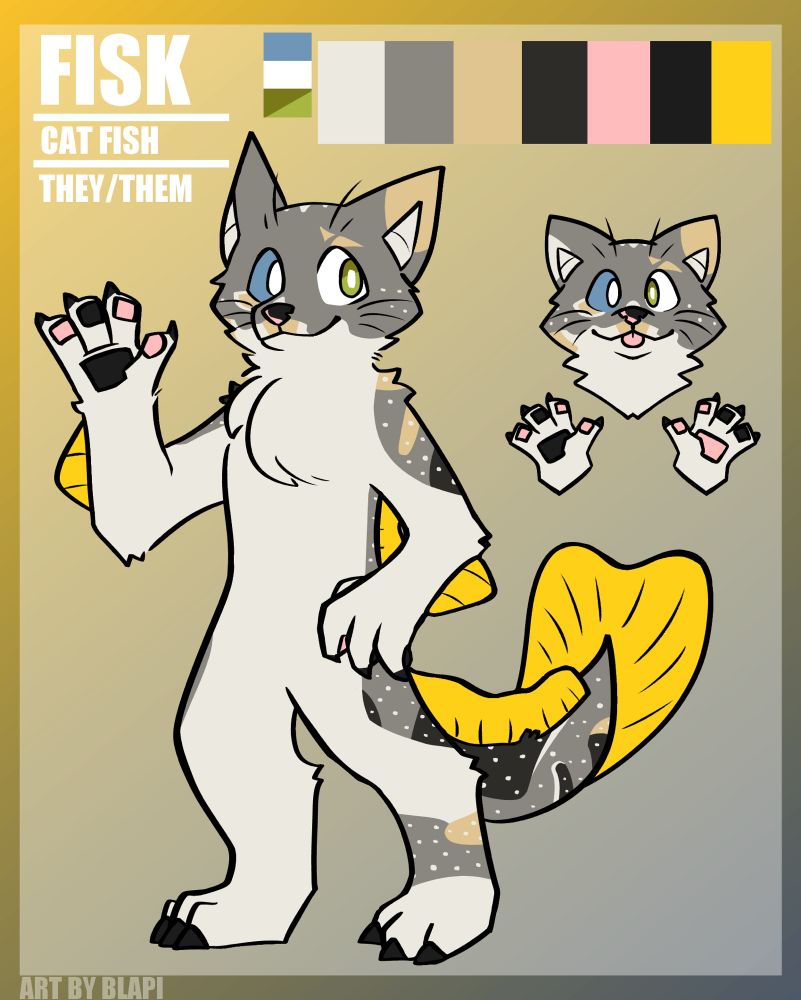 a gray and white calico cat / pufferfish fusion