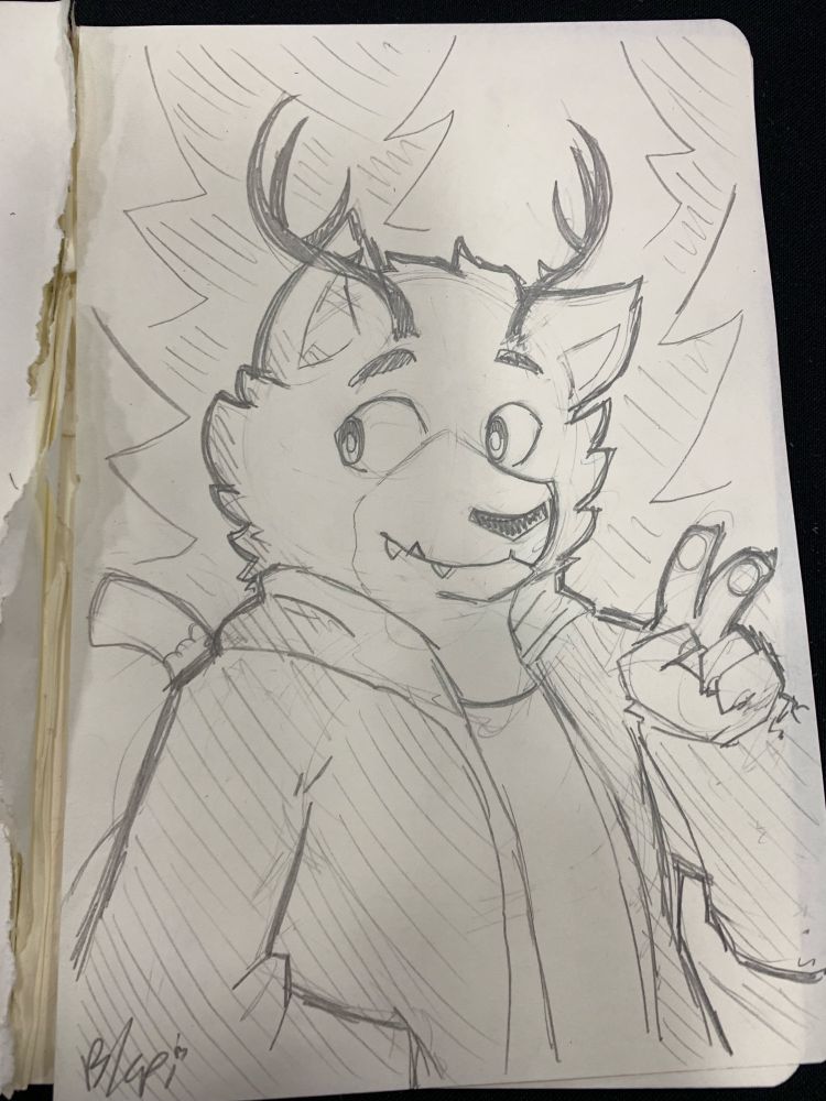 sketch of a cat creature with antlers smiling and looking off to the side